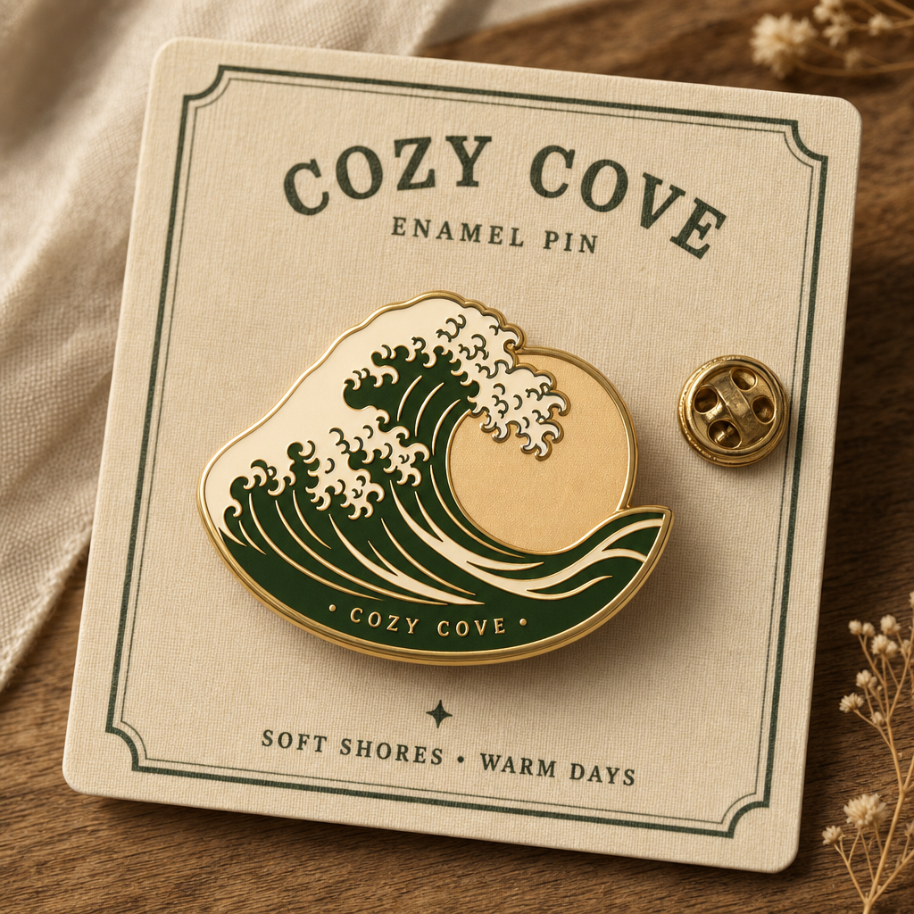 Cozy Cove wave enamel pin on branded backing card