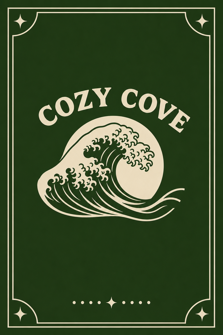 Cozy Cove card — dark green with wave crest and brand art